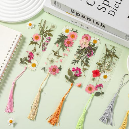 20 Sets Dried Flower Bookmark Making Kit Transparent Bookmark DIY Projects Craft Gift Bulk PET Sticker with Color Tassels and tweezer for Classroom Activities Reading Award and Book Lovers（Summer） - style: Summer