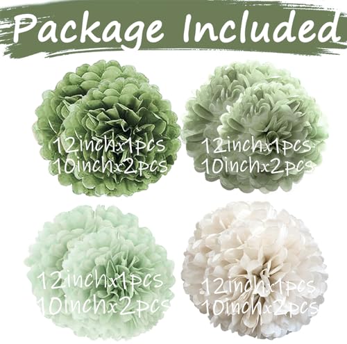 Tissue Paper Pom Poms Kit Paper Flowers 12pieces for Gender Baby Shower Wedding Bridal Bachelorette Birthday Party Decorations (Sage Olive Green) - color: Sage Olive Green