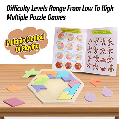 Wooden Hexagon Tangram Puzzle, STEM Educational Brain Teaser for All Ages - style: Puzzle 3- Pink