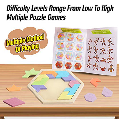 Wooden Hexagon Tangram Puzzle, STEM Educational Brain Teaser for All Ages - style: Puzzle 3- Pink