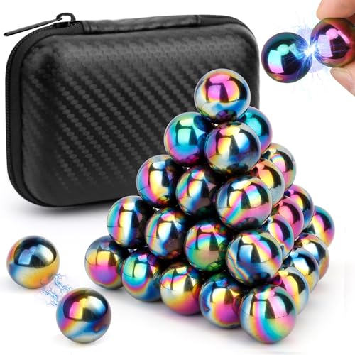 Dilabnba 28PCS Rainbow Hematite Magnetic Stones Fidget Toy for Adults, Men Women Magnetic Hand Roller Office Desk Toys for Gifts, Science Kit Rare Earth Magnets with Fiber Case