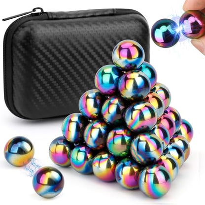 Dilabnba 28PCS Rainbow Hematite Magnetic Stones Fidget Toy for Adults, Men Women Magnetic Hand Roller Office Desk Toys for Gifts, Science Kit Rare Earth Magnets with Fiber Case
