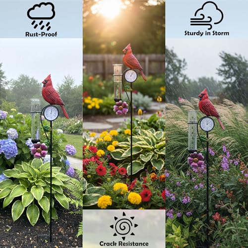 40in Red Bird Rain Gauge Thermometer Metal Garden Stake Decor - color: Red Bird