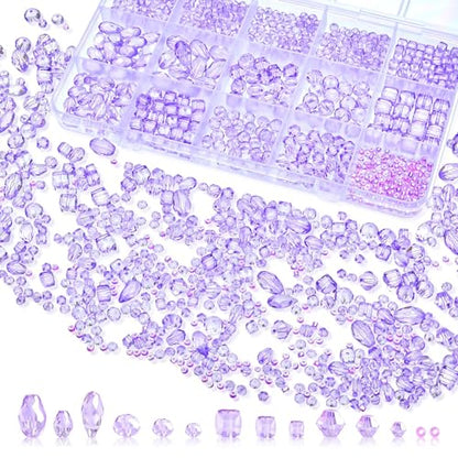 1500 Pcs Crystal Glass Beads for Jewelry Making – 12 Styles Bicone, Rondelle, Cube, Teardrop & 3mm Spacer Beads, DIY Bracelet Necklace Earring Craft Kit with Organizer Box(Light Purple) - color: Light Purple