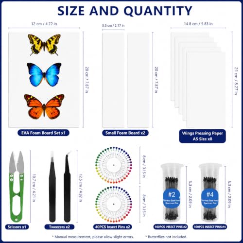 Insect Pinning Kit for Beginners, Complete Bug Specimen Mounting Tools with Combination EVA Foam Board, Wing Spreading Paper, Insect Pins, Tweezers & Scissors, Butterfly Mounting Kit for Entomology - size: Insect Specimen Tools