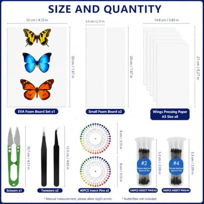 Insect Pinning Kit for Beginners, Complete Bug Specimen Mounting Tools with Combination EVA Foam Board, Wing Spreading Paper, Insect Pins, Tweezers & Scissors, Butterfly Mounting Kit for Entomology - size: Insect Specimen Tools