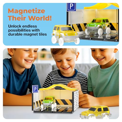 PicassoTiles Magnetic Tiles Race Car Track Kit Parking Garage Expansion Pack with 2 Cars Magnet Tile Building Blocks Educational Toy Learning Kit Pretend Play Construction Set Kids Child Ages 3+ PTR07 - color: 2 Cars With Garage Race Track