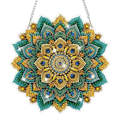 AIRDEA Hanging Diamond Painting Kits Mandala,Special Shaped Diamond Art Kits Geometric Flower Gem Art Pendant Decor,7.76x7.76in - color: green golden blue