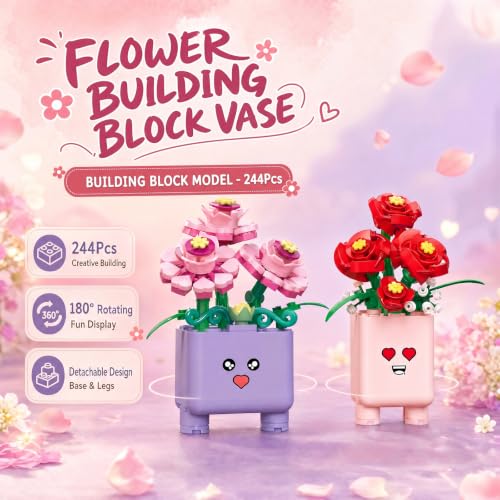 Botanicals Happy Plants Building Sets | 2 Cute Happy Plants Flowers Set, Succulents Botanical Collection for Home Office Décor, Gift for Women Wife Mom(244Pcs) - style: Purple and Pink