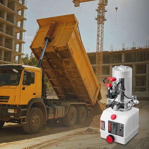 VEVOR 4 Quart Hydraulic Power Unit, Single Acting Dump Trailer Pump, 3200 PSI Max Relief Pressure & 0.91 GPM Flow Rate, DC 12V Hydraulic Pump with Metal Reservoir for Dump Trailer Car Lifting - size: 4 Quart (Plastic), style: Single Acting