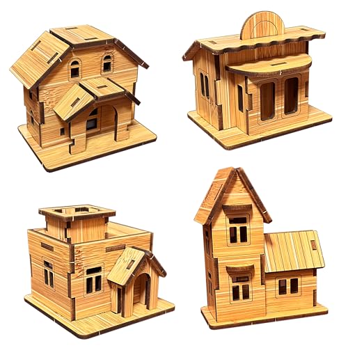 4-in-1 Log Cabin Mini House 3D Wooden Puzzle Building Kit Set