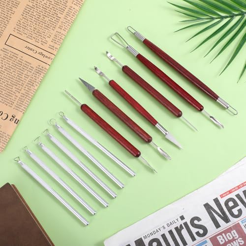 12 PCS Clay Carving Tools, Double-Sided Clay Sculpting Tools Wooden Handle Clays Wire Loop Sculpture Set Clays Pottery Sculpting Tool Set for Ceramic, Carving Modeling - color: Silver + Red