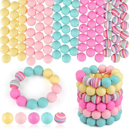 ASTARON 100Pcs 15mm Rainbow Colors Silicone Beads for Keychain Making Craft - color: pink,light pink,mint green,yellow,rainbow printed bead