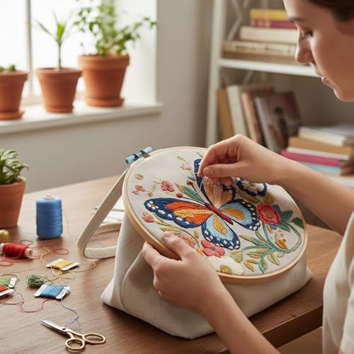 ARTopet 2Pcs Embroidery Tote Bag Kit for Beginners Butterfly Canvas Cross Stitch Handbag with Hoops Needles Threads Reusable Grocery Bag for Women-01 - color: 2Pcs-01