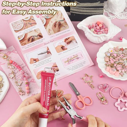 Ecoofor 707 Pcs Lip Gloss Beaded Keychain Making Kits, Pink DIY Bag Charm Kit, 78.8 Inch Chains, Key Chain Hooks, Jump Rings, Lobster Clasps, 452 Charms & Letter Beads, Tools & Gift Bags - color: Gold - 707 Pcs Kit