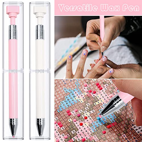 ZYNERY 2 Pcs Diamond Painting Pens with Wax, Refillable Wax Pen, Rotating Glue Point Drill Pen for Nail Art Rhinestones, Diamond Art Accessories and Tools, Quickly Pick Up Beads Gems (Pink, White) - color: pink+white (4 wax)