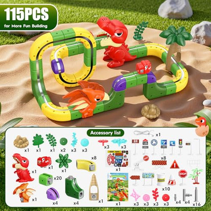 Dinosaur Magnetic Train Set Toys for Kids 3-5: 115PCS 3D Infinity Racer Cube Tracks Anti-Gravity Rail Electric Train Track Birthday Gifts Toys for 3 4 5 6 7 8 Year Old Boys Girl - size: Advanced Set(115PCS)