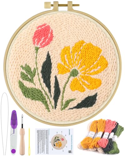 ERKOON Punch Needle Kit Adults Beginners, DIY Easy Floral Embroidery Set for Starter Art Craft, Needling Punch Project with Patterns, Tools, Yarns, Hoop, Instruction (Rhubarb Flowers) - color: Rhubarb Flowers