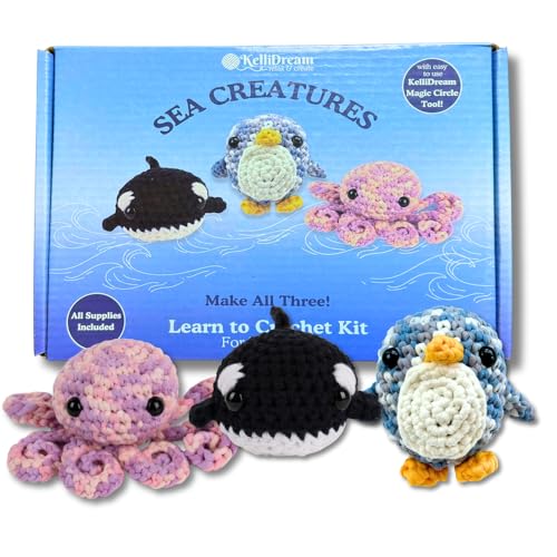 KelliDream Magic Circle Tool Inclusive Learn to Crochet Kit for Beginners; Step-by-Step Video Tutorials in English; All Supplies to Make Cute Amigurumi (Sea Creatures) - color: Sea Creatures