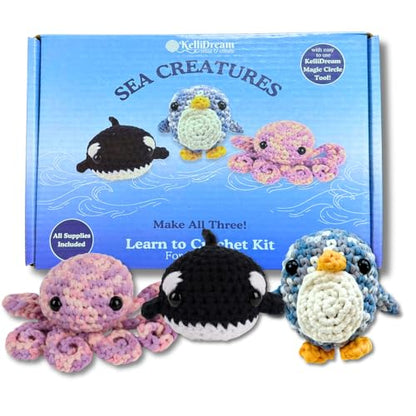 KelliDream Magic Circle Tool Inclusive Learn to Crochet Kit for Beginners; Step-by-Step Video Tutorials in English; All Supplies to Make Cute Amigurumi (Sea Creatures) - color: Sea Creatures