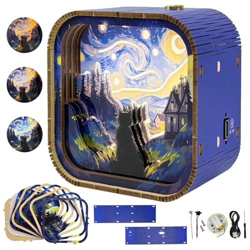 3D Wooden Puzzle Night Light DIY LED Art Lamp Kit for Adults Desk Decor Relaxing Craft Project Table Ornament and Unique Gift (Starry Cat) - style: Starry Cat