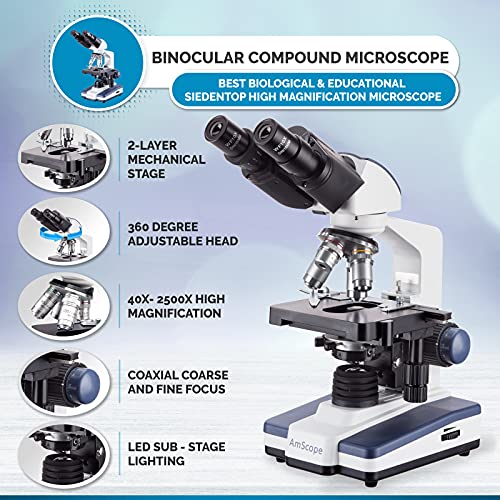 AmScope B120A Siedentopf Binocular Compound Microscope, 1600X - style: Base Microscope w/ WF10x & WF15x