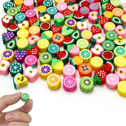 100 pcs Fruit Polymer Clay Beads, VEINARDYL Colorful Mixed Fruit Charm Bead Kit,Cute Fruits Clay Bead for DIY Crafts Earring Necklace Bracelets Making - color: Fruit