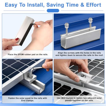 Solar Panel Mounting Kit -10 Rails,4 End+6 Mid Clamps,20 Screws,1 Allen Key for 4 Panels Side by Side,DIY Installation,Anodized Aluminum,Fits 1.18″ to 1.38″ Frames,Rustproof,for RV/Boat/Home Roofs
