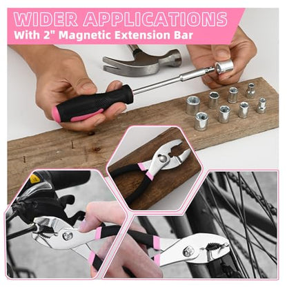 144-Piece Household Tool Set, Pink Tool Kit with Plastic Toolbox - color: Pink, size: 144-Piece