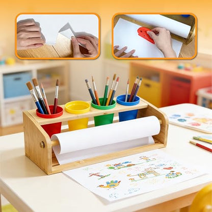 Bamboo Tabletop Paper Roll Dispenser, Desktop Art Easel with 12" x 49ft Blank Paper Roll, 4 Pen Cups, Paper Cutter for Drawing, Writing, Graffiti, Art Crafts