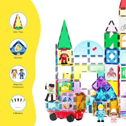 PicassoTiles Mega Magnetic Building Block 350 Piece Set Magnet Tile Construction Blocks with Car Base, Character Figures, Markers, Whiteboard, 110+ Page Ideabook Included for Ages 3 Up STEM Learning - color: 350 Pcs With Car and Figures