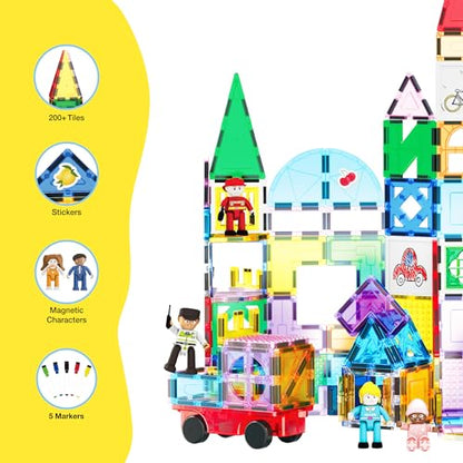 PicassoTiles Mega Magnetic Building Block 350 Piece Set Magnet Tile Construction Blocks with Car Base, Character Figures, Markers, Whiteboard, 110+ Page Ideabook Included for Ages 3 Up STEM Learning - color: 350 Pcs With Car and Figures