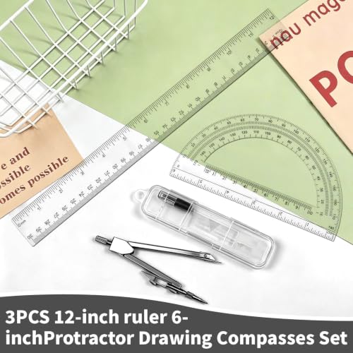 3 Packs Plastic 12 Inch Ruler-6 Inch Clear Protractor Drawing Compasses Set, Student Geometry Math Transparent Measuring Tools for Home School Classroom Office Supplies