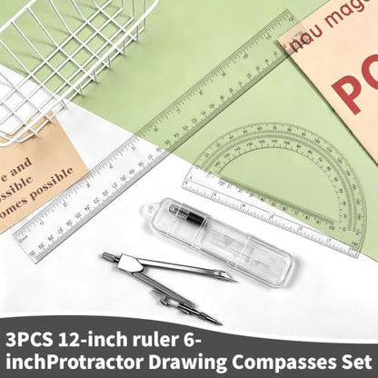 3 Packs Plastic 12 Inch Ruler-6 Inch Clear Protractor Drawing Compasses Set, Student Geometry Math Transparent Measuring Tools for Home School Classroom Office Supplies