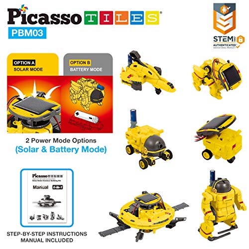PicassoTiles STEM Kids Solar Powered Space Robot Educational Learning Engineering Building Toy 6-in-1 Creative Unique Transformation Renewable Sun Energy Science Experiment DIY Kit Boys Girls Age 8+ - color: Space Robot