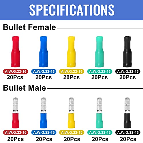 Qibaok Bullet Terminals Wire Connectors Female & Male Bullet Butt Insulated Waterproof Electrical Connector Kit 200 PCS