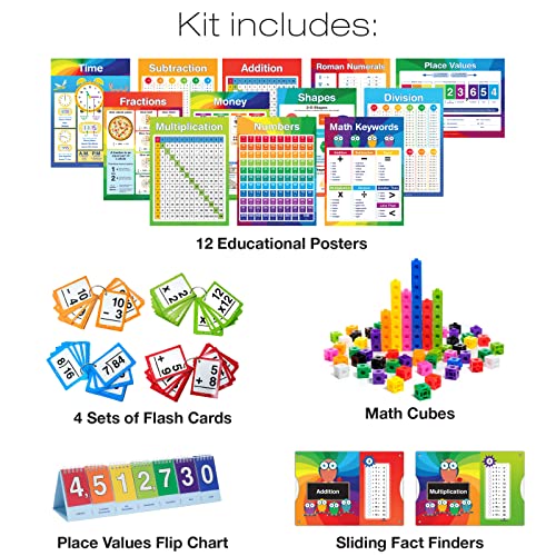 Excello Global Educational Math Kit - 315 Piece Set Includes Educational Posters, Flash Cards, Math Cubes, flip Chart, and Sliding fact Finders