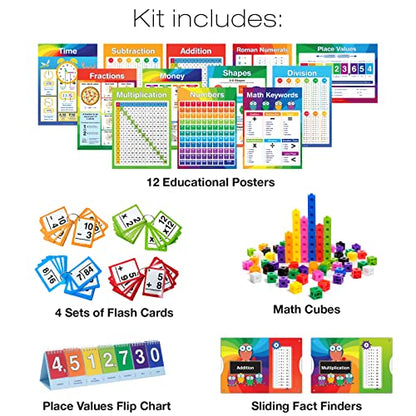 Excello Global Educational Math Kit - 315 Piece Set Includes Educational Posters, Flash Cards, Math Cubes, flip Chart, and Sliding fact Finders