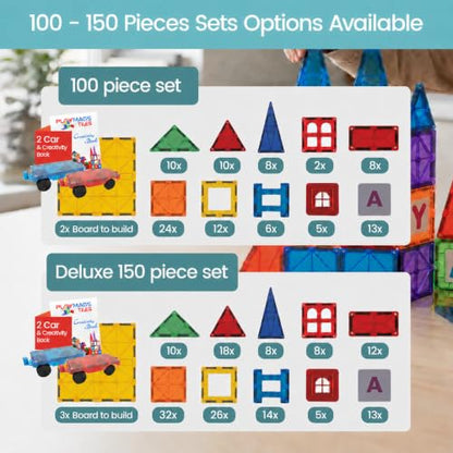 Magnetic Tiles for Kids 100-Piece Set, STEM Educational Building Blocks, Includes 2 Cars & Click-in ABC Learning Tiles, Gift for Boys & Girls, Magnetic Figures & 2 or 4 Car Set Add-Ons Available