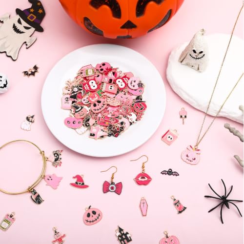 SANNIX 110Pcs 55 Pairs Pink Halloween Charms Bulk Cute Enamel Jewelry Charm - style: Pink Halloween Charms