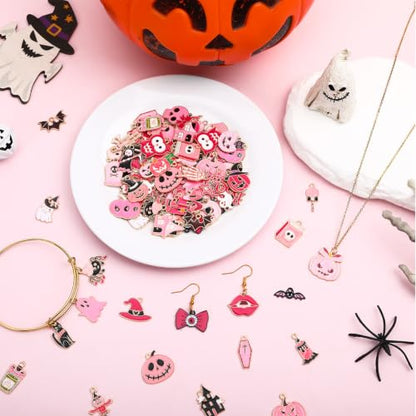 SANNIX 110Pcs 55 Pairs Pink Halloween Charms Bulk Cute Enamel Jewelry Charm - style: Pink Halloween Charms