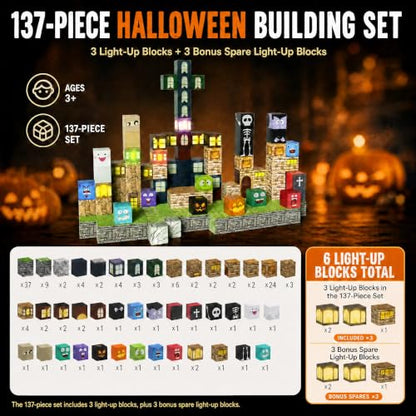 Veecafiodi Halloween Magnetic Building Blocks with Lights, 137PCS Magnetic Blocks STEM Construction Set for Kids Ages 4-8, Spooky Building Toy, Birthday Gift for Boys Girls - color: Multicolor