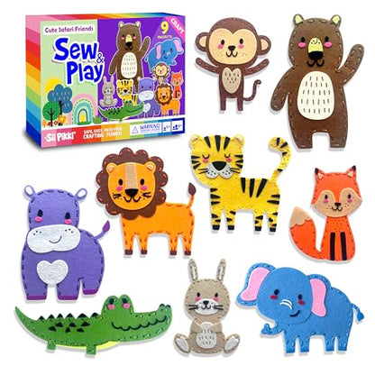 Sii Pikki Sewing Kit for Kids – 9 Easy Projects Cute Safari Animals, Beginner Sewing Kit with Felt & Instructions, Kids Sewing Kit Ages 6-12, Learn to Sew Arts & Crafts for Kids, Gift for Girls Boys