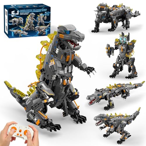 Dinasour Toys for Kids Building Set, 935 PCS App & Remote Control Robotics Kit, 5-in-1 Tyrannosaurus/Triceratop/Crocodile/Robot/Monster STEM Toys for Boys Girls Age 6 7 8 9 10 11 12+ Year Old - color: Grey