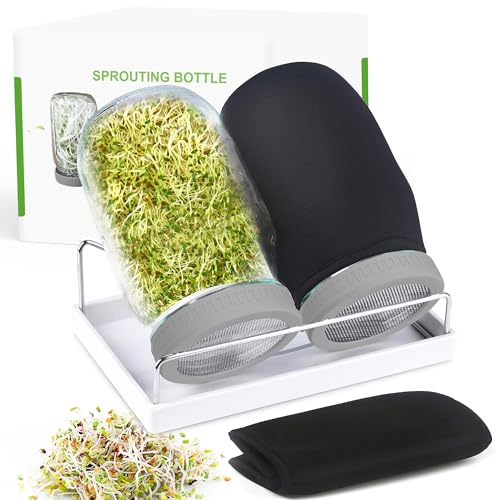 Organic Seed Sprouting Jar Kit – 2 × 32 oz Wide-Mouth Mason Jars with Stainless-Steel Sprouter Lids & Stand, Blackout Sleeves, Drain Tray – Grow Broccoli, Alfalfa & Bean Microgreens - color: Gray