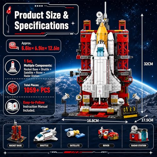 Space Shuttle Launch Pad Building Blocks Set, 1059 PCS Space Exploration Set with Rover, Radar Station, Collectible Model for Space Enthusiasts - style: Space Shuttle Launch Pad