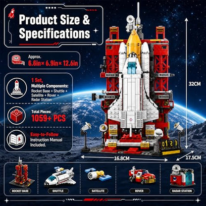 Space Shuttle Launch Pad Building Blocks Set, 1059 PCS Space Exploration Set with Rover, Radar Station, Collectible Model for Space Enthusiasts - style: Space Shuttle Launch Pad