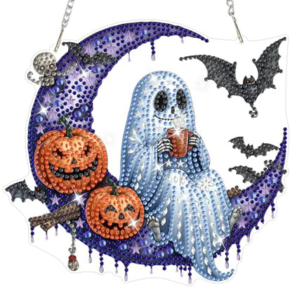 NAIMOER Halloween Diamond Art Hanging Kits for Adults, Ghost Moon 5D Special Shaped Rhinestone, DIY Acrylic Diamond Art Painting Window Pendants Home Garden Wall Hanging Ornament Kits, Double Sided - color: Halloween Ghost Moon