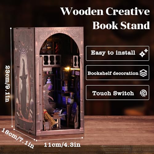Magic Wizard Cat 3D Book Nook Kit, DIY Miniature House Booknook Dollhouse Kit for Adults and Teens, 3D Wooden Puzzle Bookend Bookshelf Insert Decor, Mini Magic House Model Build Gift - style: Magic Wizard Cat