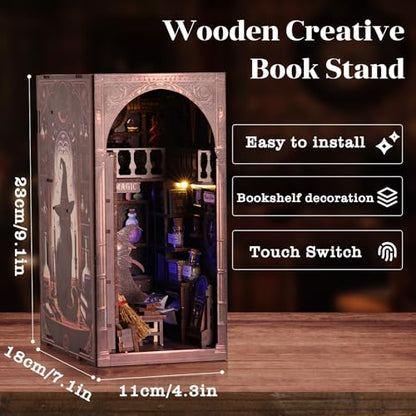 Magic Wizard Cat 3D Book Nook Kit, DIY Miniature House Booknook Dollhouse Kit for Adults and Teens, 3D Wooden Puzzle Bookend Bookshelf Insert Decor, Mini Magic House Model Build Gift - style: Magic Wizard Cat